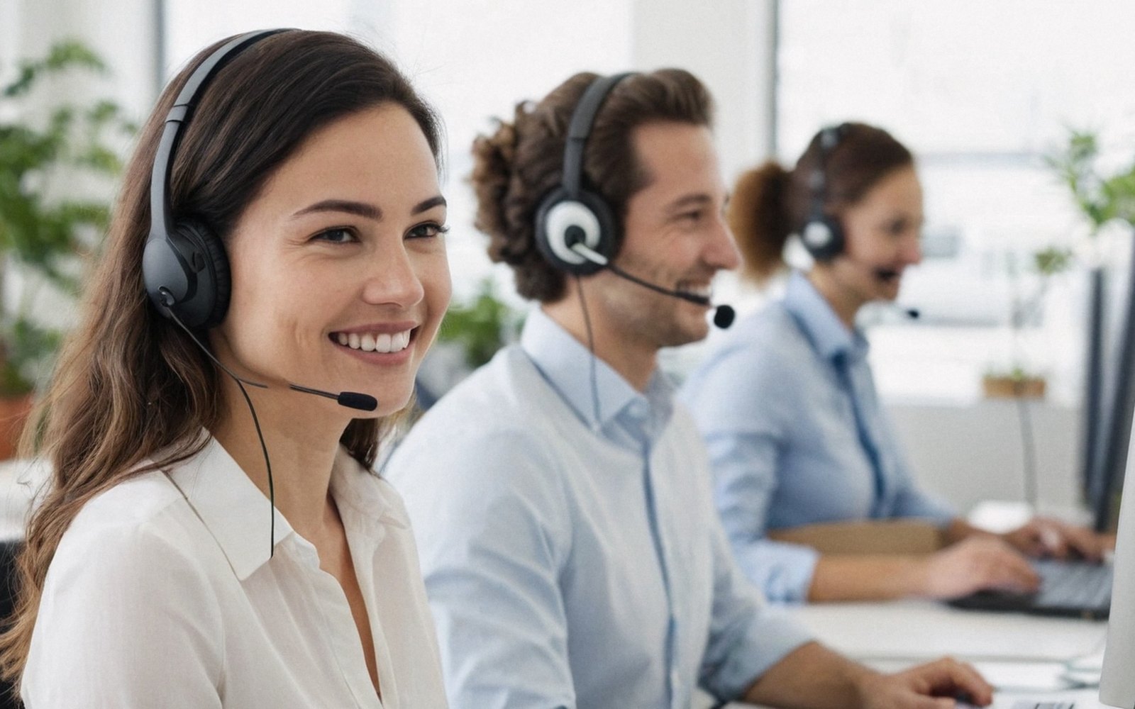 Smiling woman wearing a headset, her teammates on headsets beside her