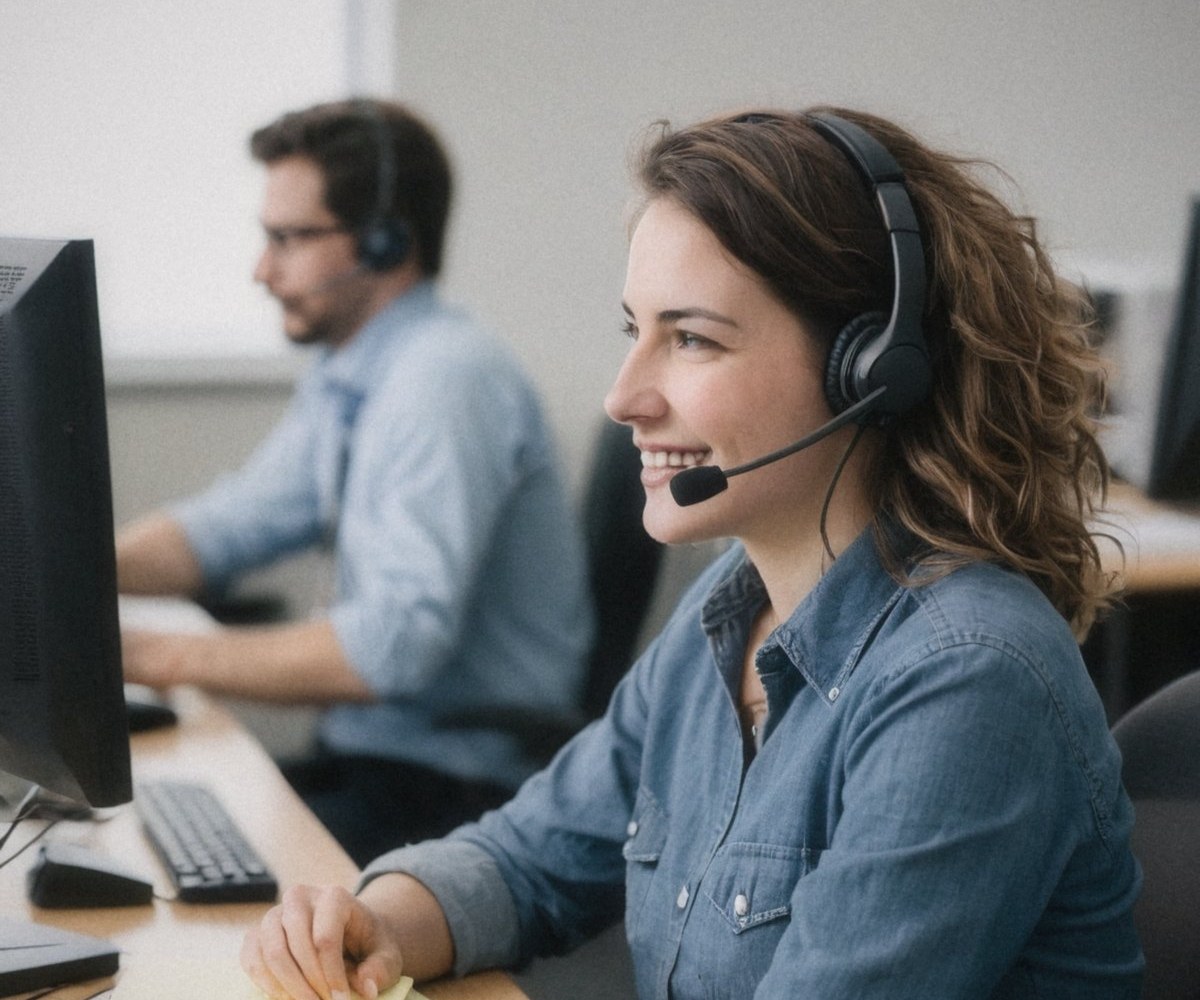 Woman wearing a headset at her computer, a colleague on a headset working behind her